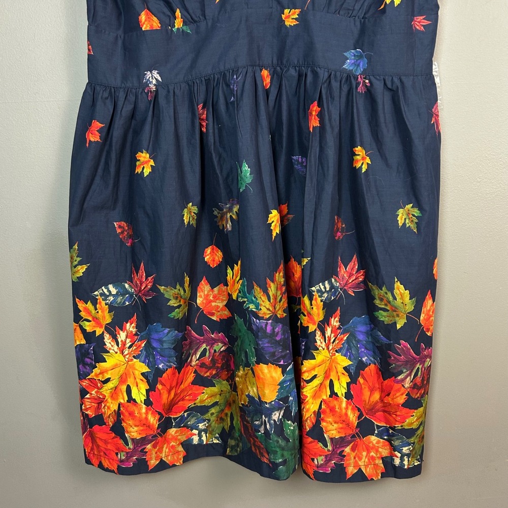 ModCloth Navy Dress with Red Orange Yellow Leaf Print - Picture 7 of 10